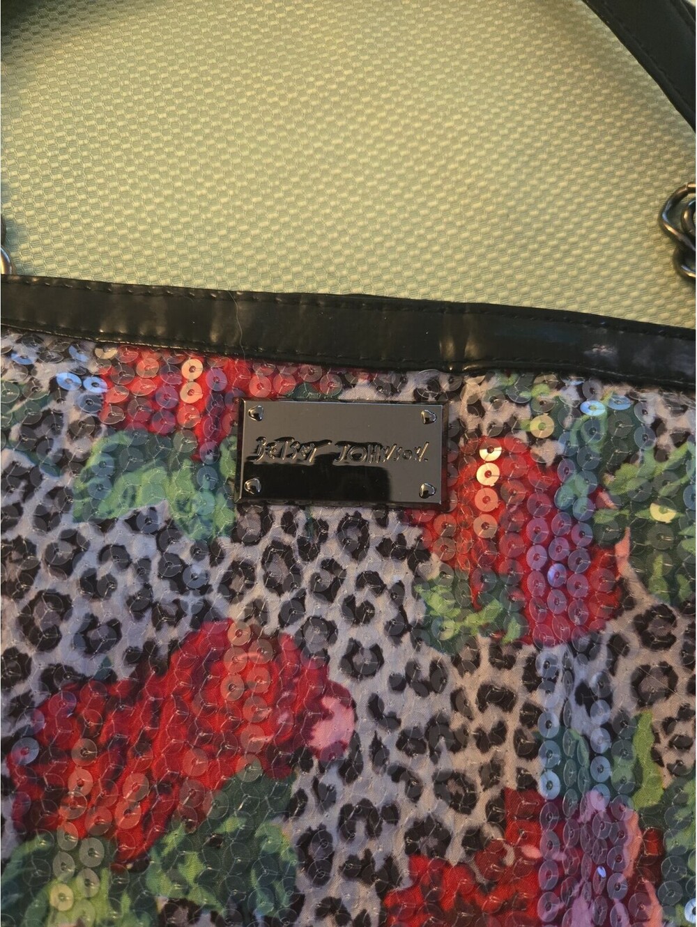 Betsey Johnson Leopard Floral Sequin Large Tote Bag - Picture 2 of 6